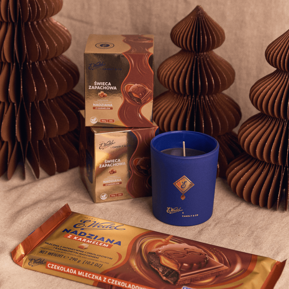 Świeca zapachowa E. Wedel x Candly & Co inspirowana zapachem czekolady Nadziana z karmelem